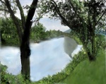 Digital painting of a lazy river in New Hampshire under a cloudy sky